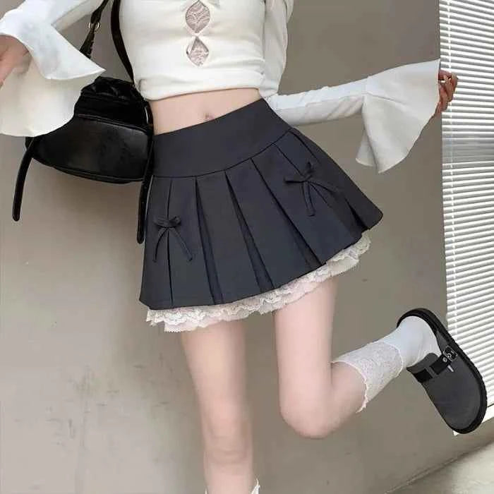 Lace Patchwork Ruched A-Line Skirts High Waist Bow Skirt