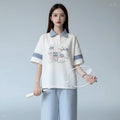 Japanese Academy Style Polo Shirt Cartoon Print Loose Short
