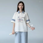 Japanese Academy Style Polo Shirt Cartoon Print Loose Short - Vusy Kawaii Shop