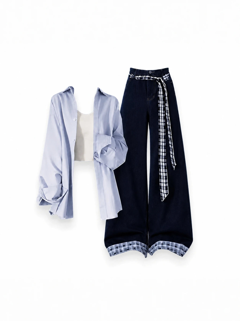 Blue Shirt And Denim Crop Top Set Casual Loose Feeling Spring Summer Autumn Women's Fashion Ensemble High Waist Long Pants