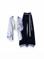 Blue Shirt And Denim Crop Top Set Casual Loose Feeling Spring Summer Autumn Women's Fashion Ensemble High Waist Long Pants