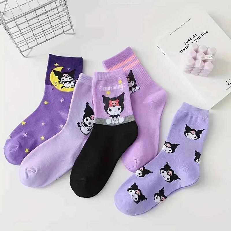 5 Pairs kawaii Sanrio Kuromi Cartoon Pattern Crew Socks Soft Breathable Socks for All Seasons Wearing Women's Stockings Hosiery