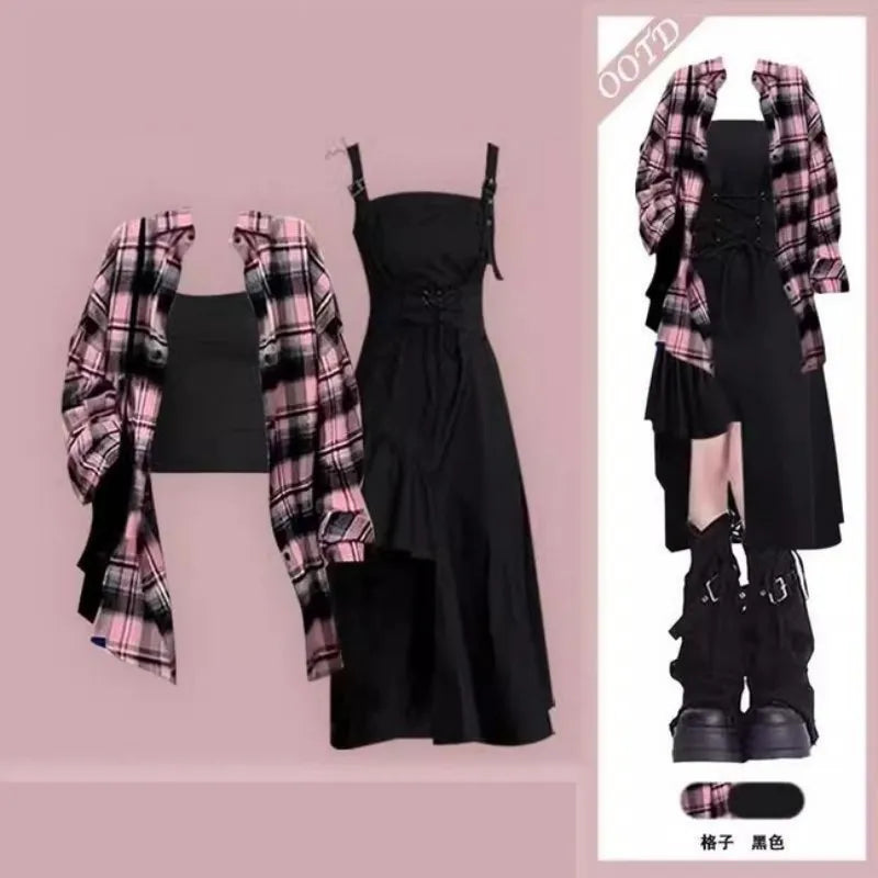 Women Spring-Summer Fashion Plaid Shirt and Irregular Dress - Vusy Kawaii Shop