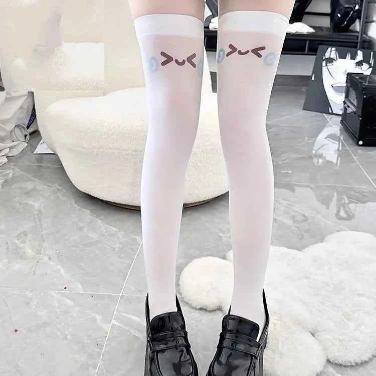Japanese Kawaii Expression Thigh Socks White Print Long Socks JK Harajuku Over Knee Thigh High Stockings Y2K Cosplay Socks