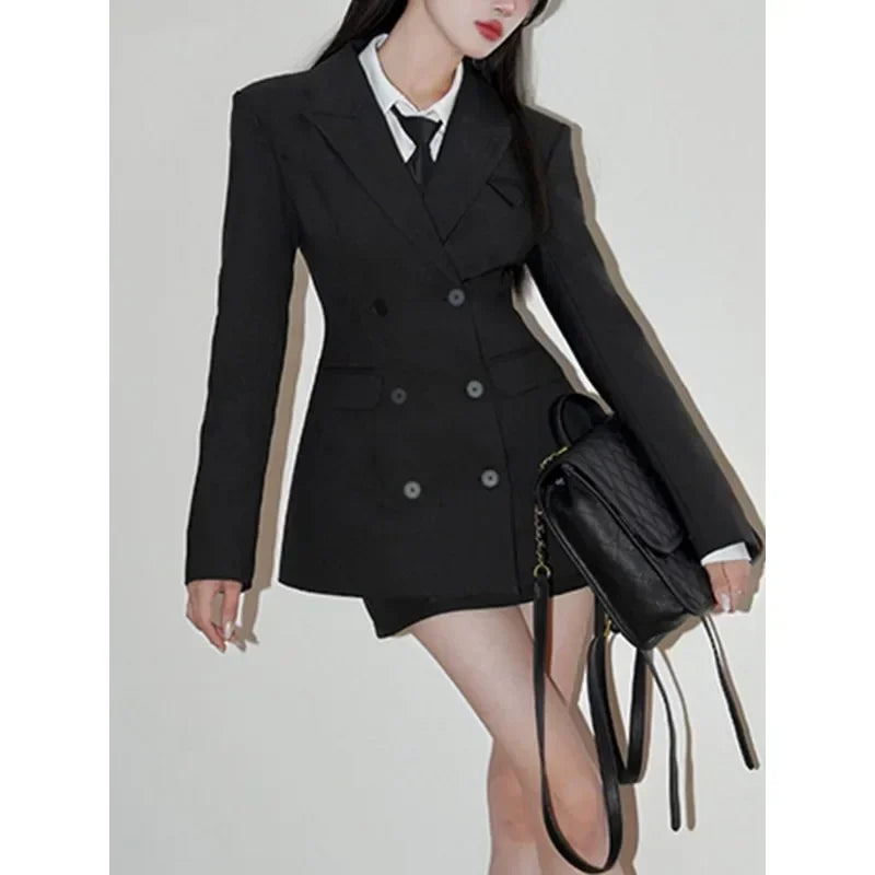 Dress Sets Double Breasted Long Sleeve Blazer High Waist - Vusy Kawaii Shop