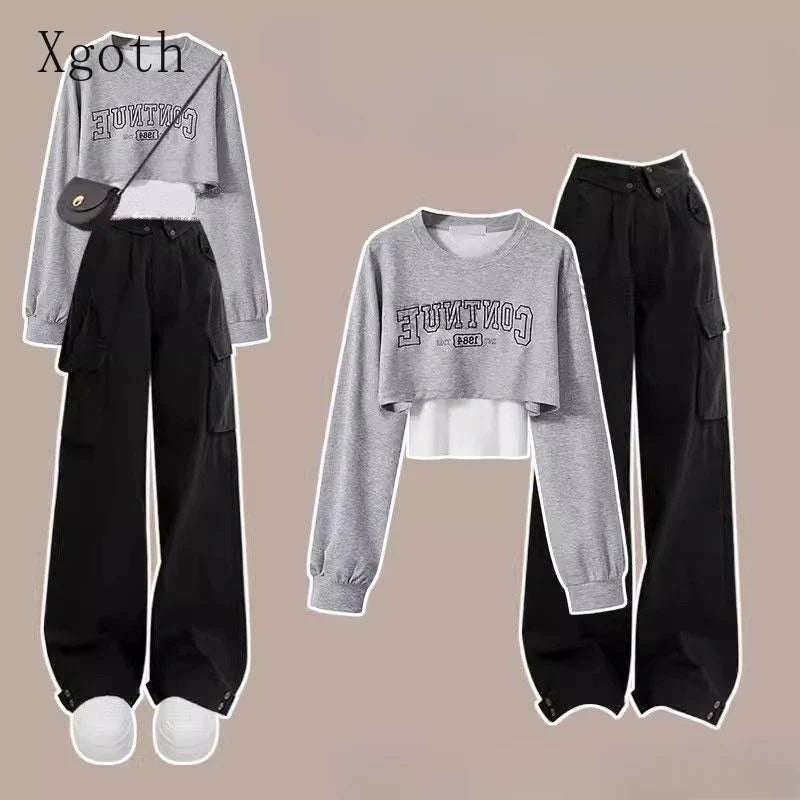 Pants Sets O Neck Letter Printed Short Sweatshirt Tank Top - Vusy Kawaii Shop