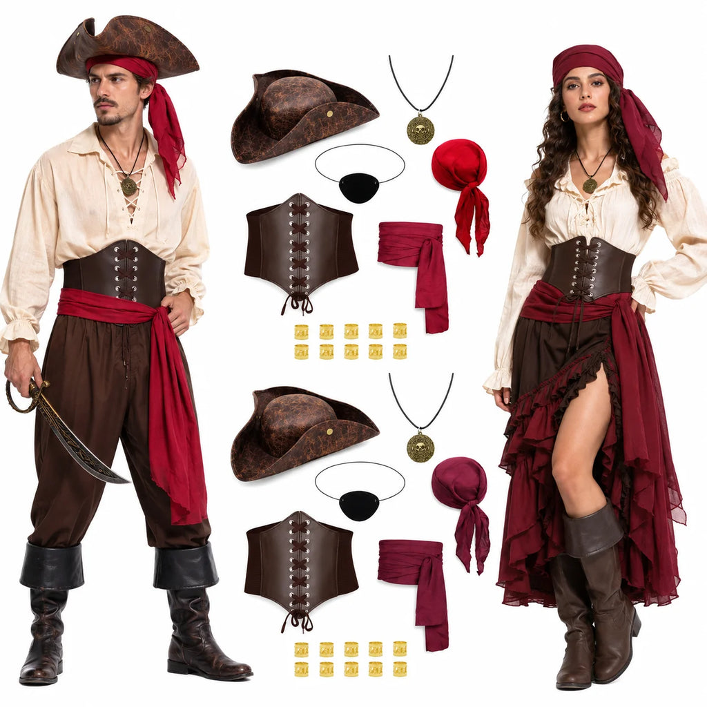 Male and female models in pirate costumes with accessory set flat lay