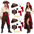 Male and female models in pirate costumes with accessory set flat lay