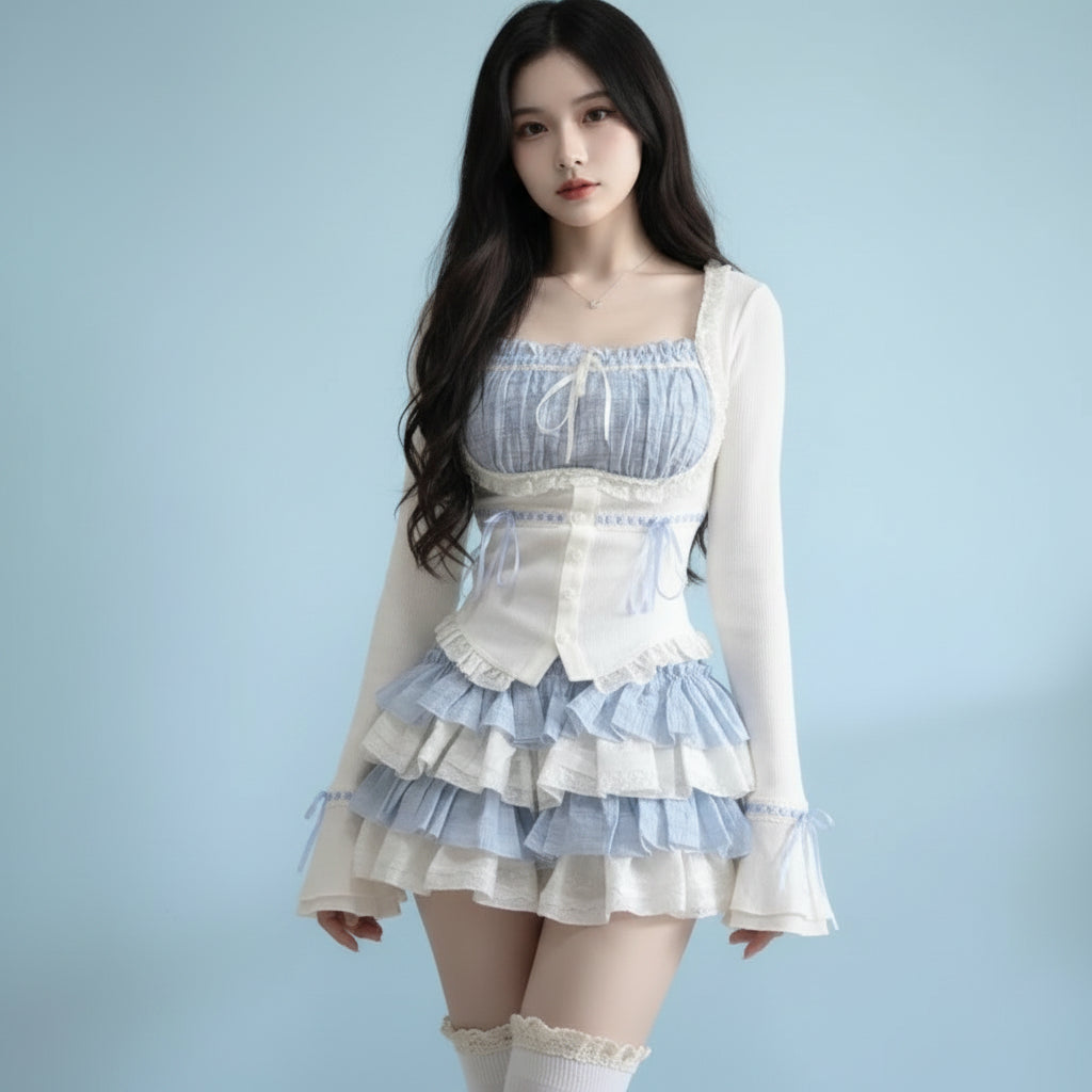 Square Collar Slim Waist Long Sleeve Top Women and Summer - Vusy Kawaii Shop