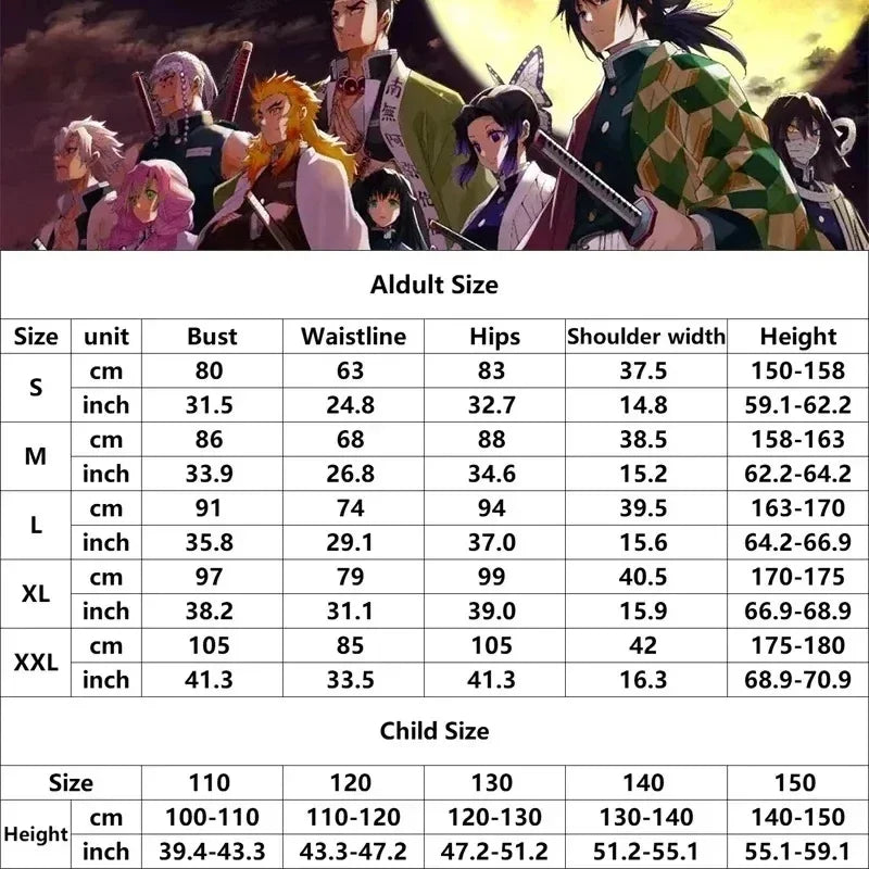 Shinobu Kocho Demon Slayer cosplay adult and child size chart