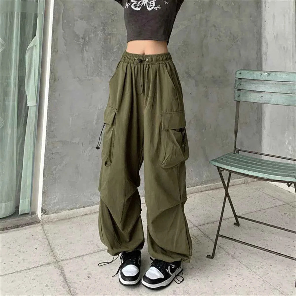 Women Wide Leg Baggy Pants Solid Drawstring Y2K Oversized Pockets Cargo Trousers Female Hip Hop Streetwear Lady 2025 Sweatpants