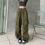 Women Wide Leg Baggy Pants Solid Drawstring Y2K Oversized Pockets Cargo Trousers Female Hip Hop Streetwear Lady 2025 Sweatpants