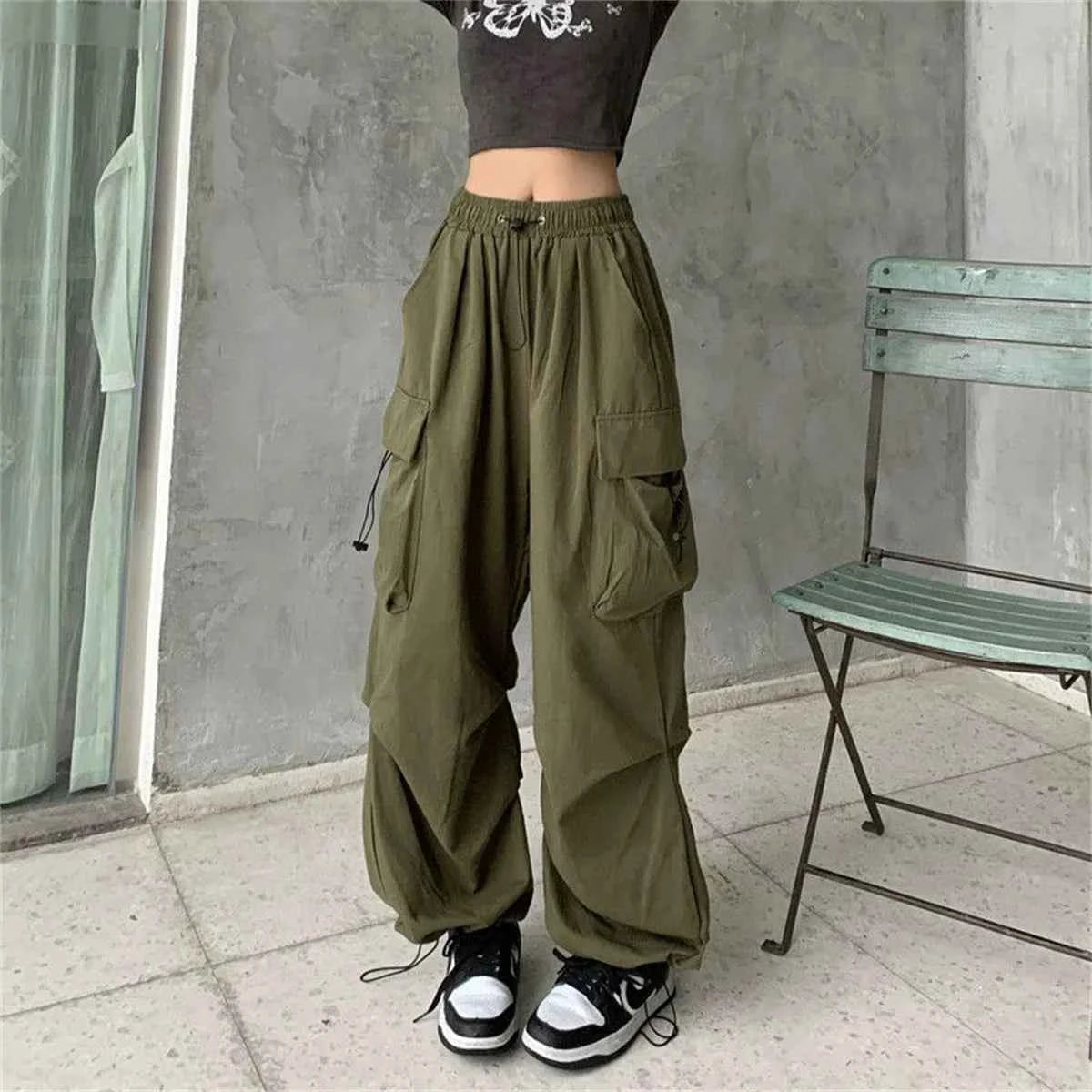 Women Wide Leg Baggy Pants Solid Drawstring Y2K Oversized Pockets Cargo Trousers Female Hip Hop Streetwear Lady 2025 Sweatpants