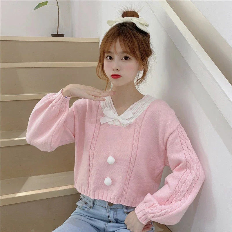 Sweet Autumn Lantern Sleeve V Neck Pullovers Wild Knitted - Vusy Kawaii Shop