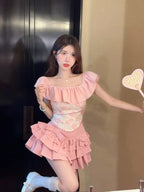 Sweet Off Shoulder Ruffles Collar Pink Top and Yk Slim Waist - Vusy Kawaii Shop