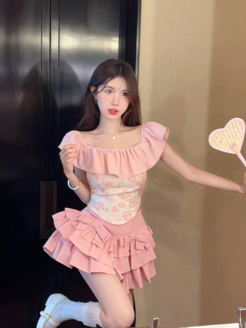 Sweet Off Shoulder Ruffles Collar Pink Top and Yk Slim Waist - Vusy Kawaii Shop
