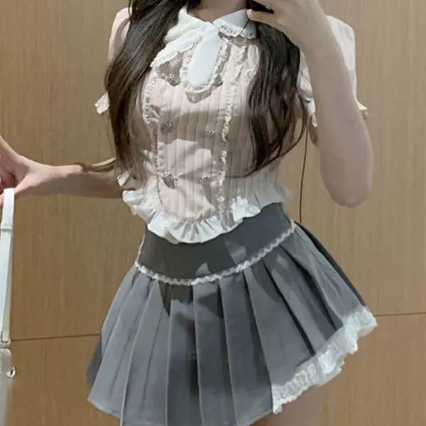 Kawaii Japanese Sweet Suits Bow Crop Top and Mini Skirt - Vusy Kawaii Shop