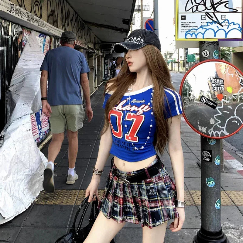 American Style Off Shoulder Crop Top Short Sleeve Slim Fit - Vusy Kawaii Shop