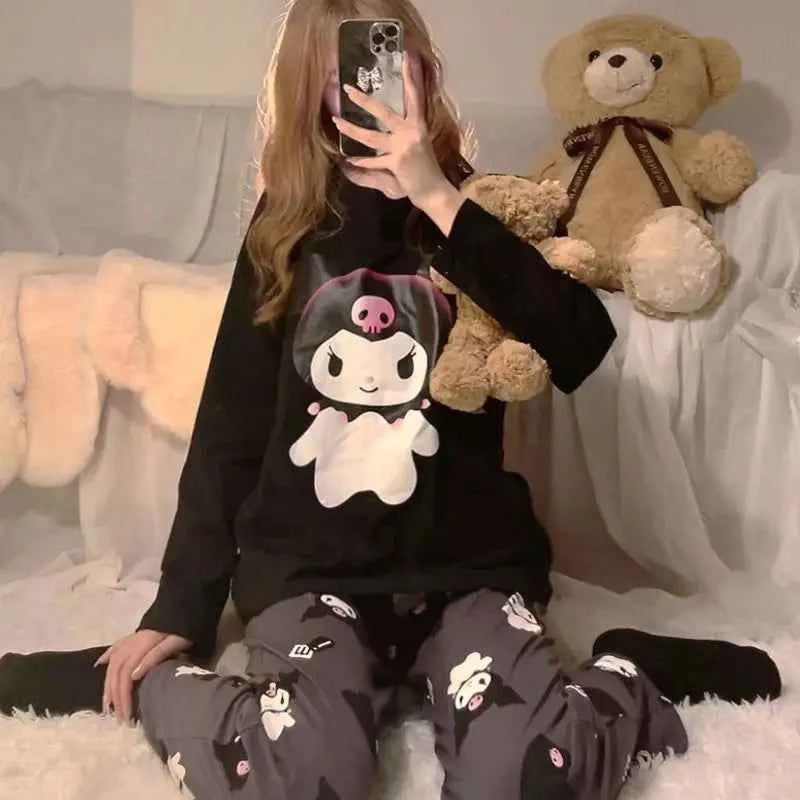 Kawaii Kuromi Long Sleeve Pajamas Set Women Anime Sanrioed Autumn Pajamas Pants Two Piece Comfort Soft Home Wear Outgoing Girls