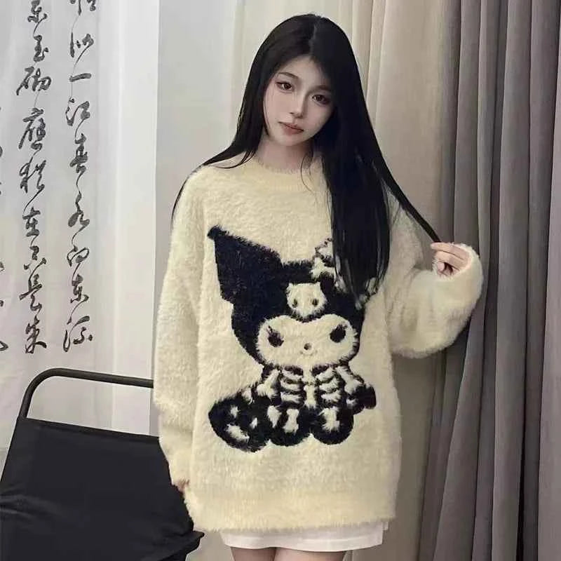 Sanrios Kuromi Women's Sweater Soft Female Autumn Winter Furry Pullover Sweaters Sweet Y2K Girl Korean Versatile Knitted Tops