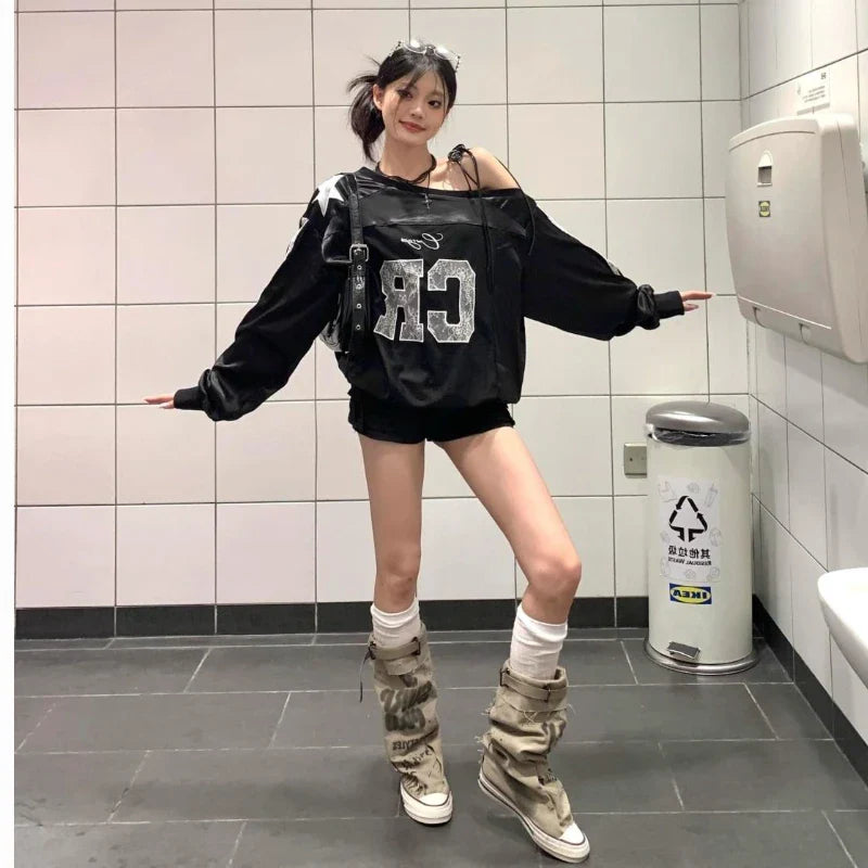 Aesthetic Lace Letter Hoodie Women Skew Collar Lace Up - Vusy Kawaii Shop