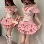 Sweet Off Shoulder Ruffles Collar Pink Top and Yk Slim Waist - Vusy Kawaii Shop