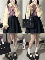 Chic Fashion Ruffled Patchwork Women Sweaters Vest and Bow - Vusy Kawaii Shop