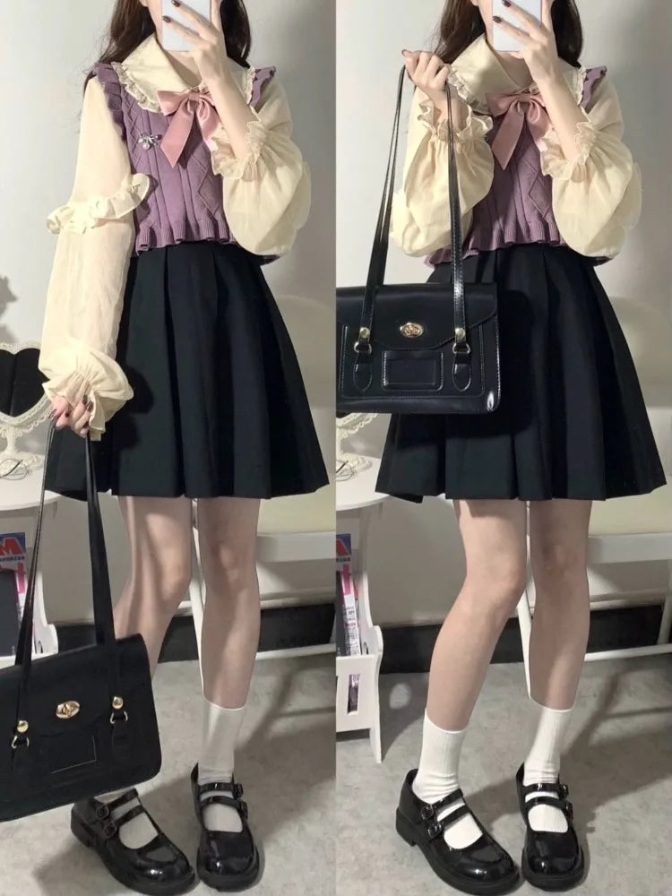Chic Fashion Ruffled Patchwork Women Sweaters Vest and Bow - Vusy Kawaii Shop