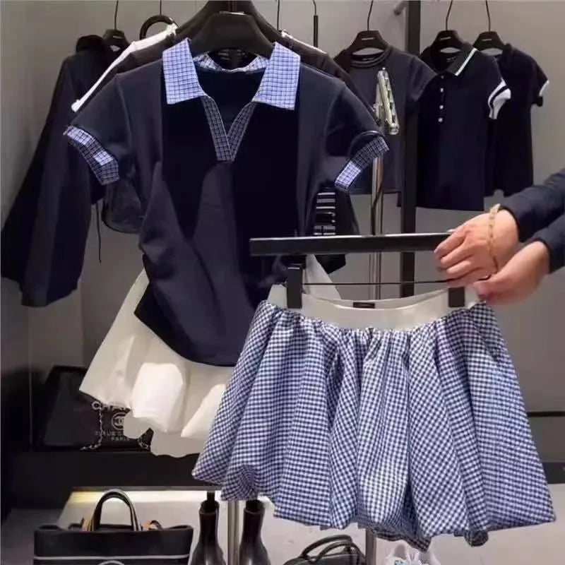 Summer Constrast Color Plaid Turn Down Collar Slim Waist T - Vusy Kawaii Shop