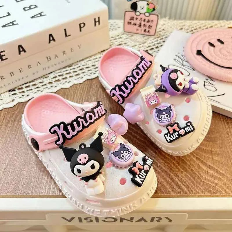 Sanrioed Anime Kuromi Shoes Cartoon Accessories Non Slip Hole Slippers Women Hello Kittys Outside Wear Summer Thick Girl Sandals