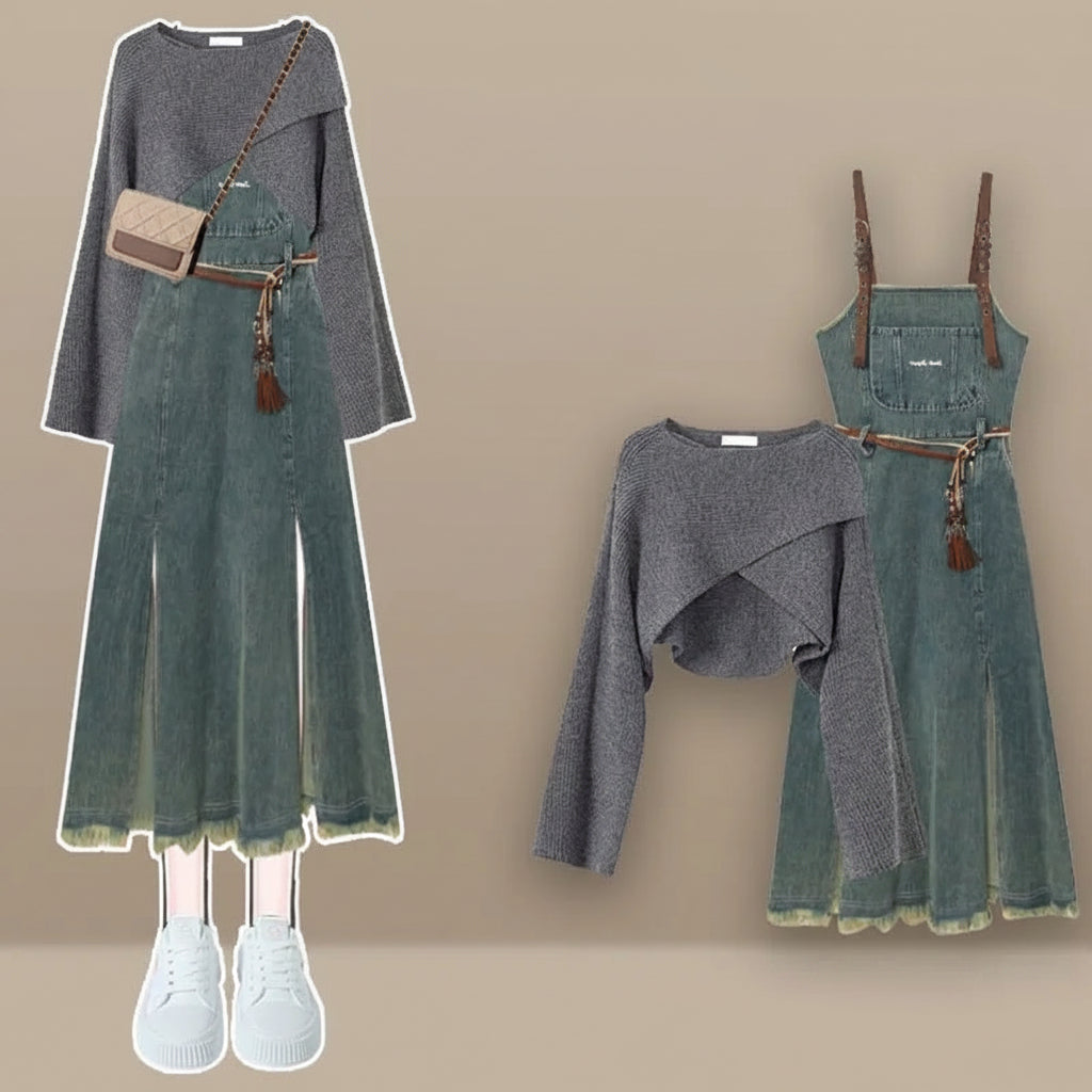 Chic Knitted Sweater Denim Strap Dress Cozy Korean Style - Vusy Kawaii Shop