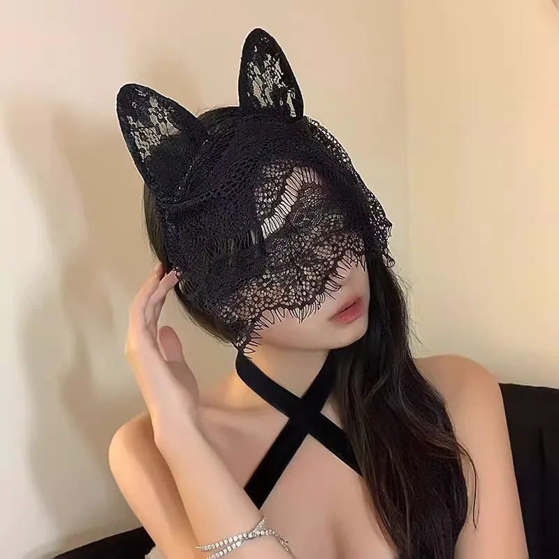 Black lace bunny ear headband and face veil set, side view