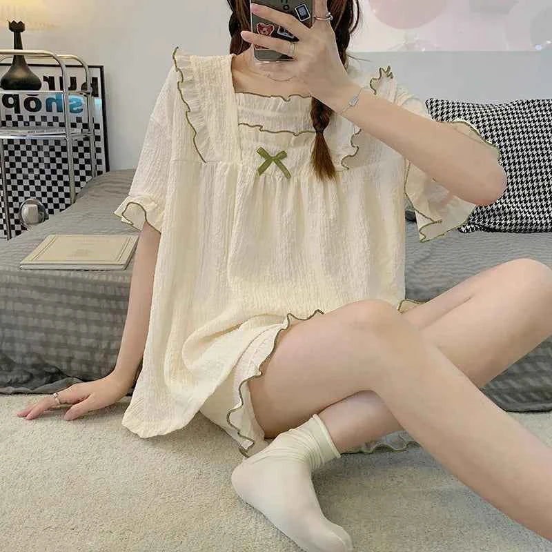 Pajamas Women's Summer Short-Sleeved Japanese Girls Solid-Coloured Breathable Large Size Bubble Cotton Casual Pajamas Homewear