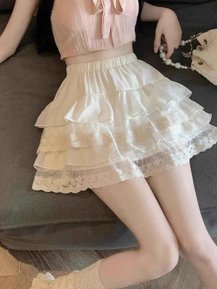 Fashion Sweet White Lace Cake Skirt Summer High Waist A-line