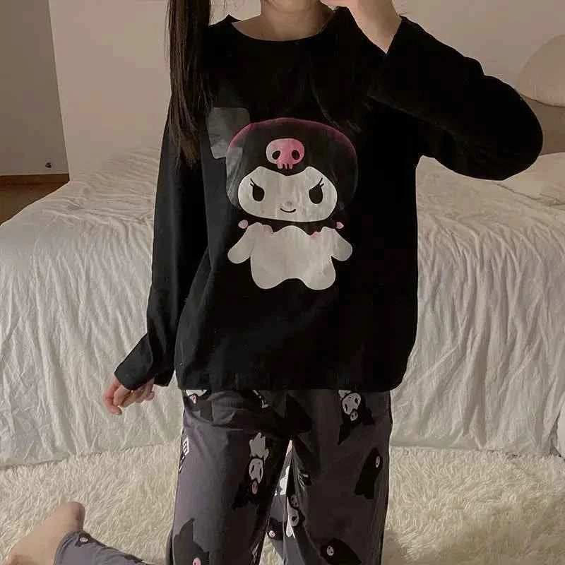 Kawaii Kuromi Long Sleeve Pajamas Set Women Anime Sanrioed Autumn Pajamas Pants Two Piece Comfort Soft Home Wear Outgoing Girls