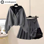 Plush Thickened Long Sleeved Hooded Mini Pleated Skirt - Vusy Kawaii Shop
