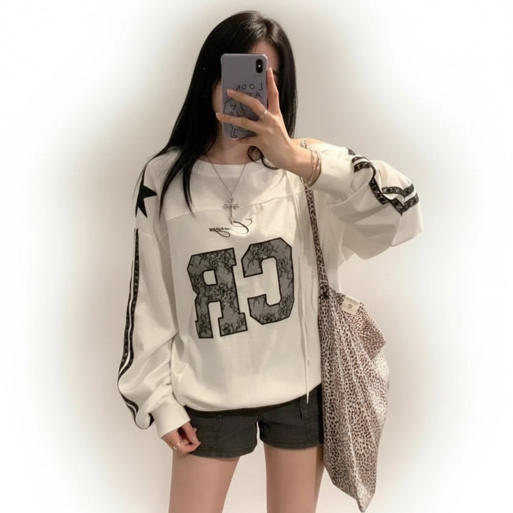 Aesthetic Lace Letter Hoodie Women Skew Collar Lace Up - Vusy Kawaii Shop