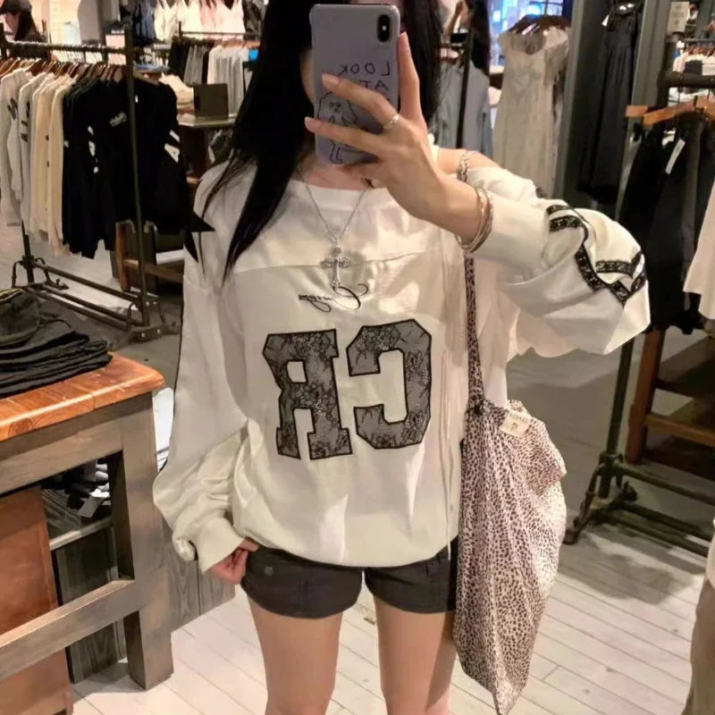 Aesthetic Lace Letter Hoodie Women Skew Collar Lace Up - Vusy Kawaii Shop