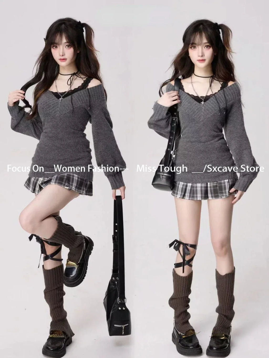 Knitted Suits Autumn Winter Woman V-Neck French Vintage Long - Vusy Kawaii Shop