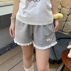 Japanese Cartoon Cat Embroidery Lotus Leaf Edge Shorts