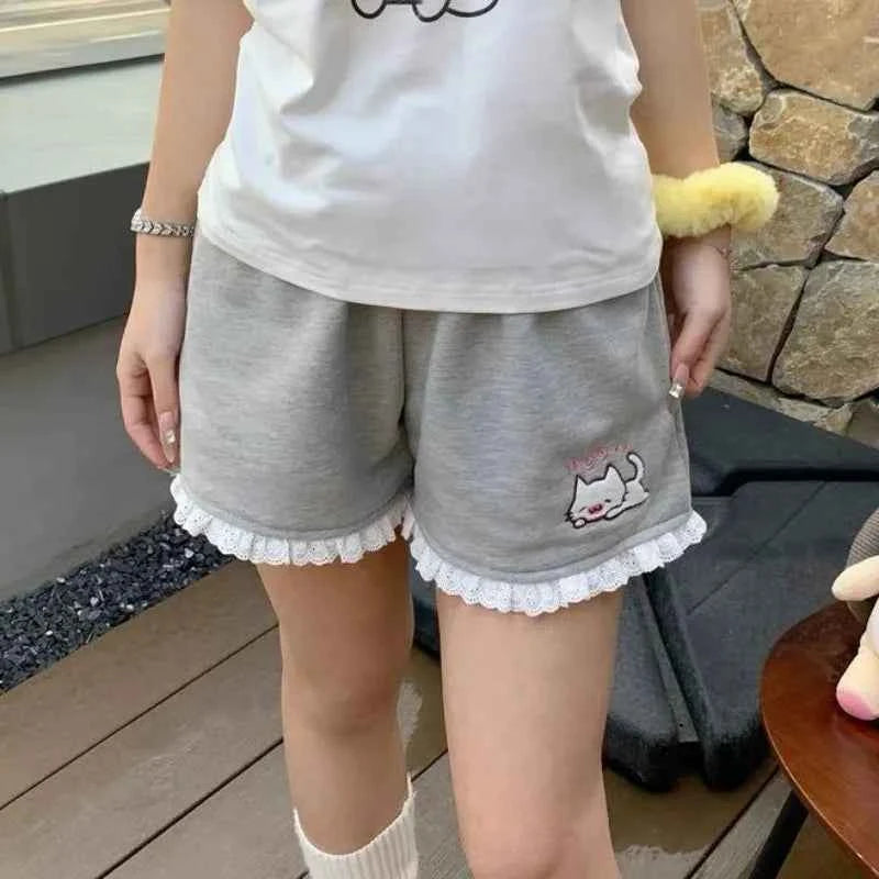 Japanese Cartoon Cat Embroidery Lotus Leaf Edge Shorts