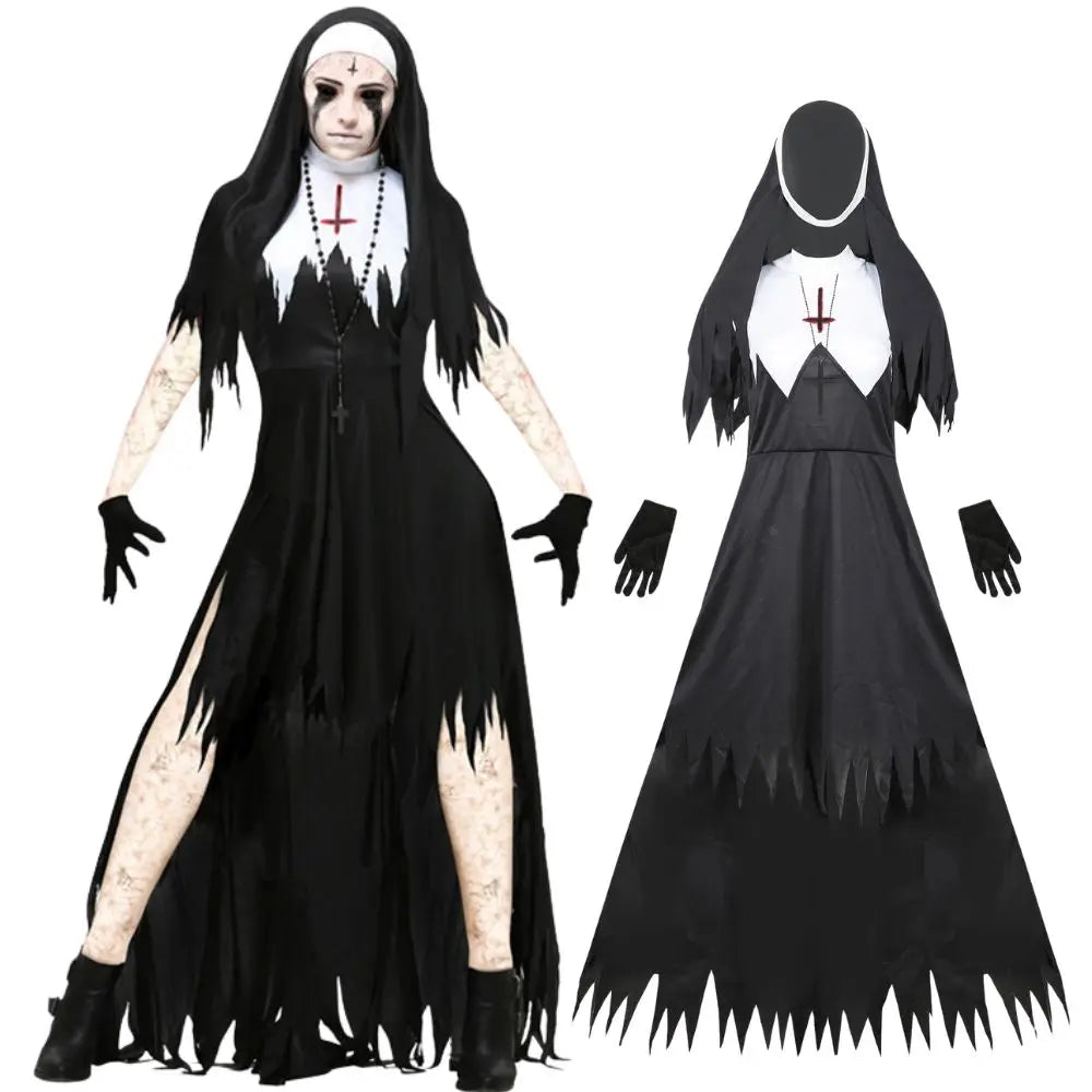 Zombie nun Halloween costume on model with flat lay set: torn dress, veil, gloves