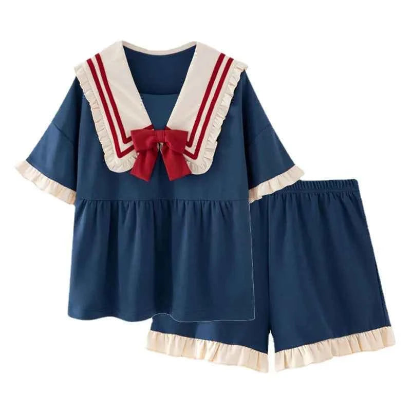 Large Size Pajamas Sweet Women Home Wear Suit Doll Collar Girl Sleepwear Kawaii Dress Solid Colour Short Sleeve Shorts 2PCS Set