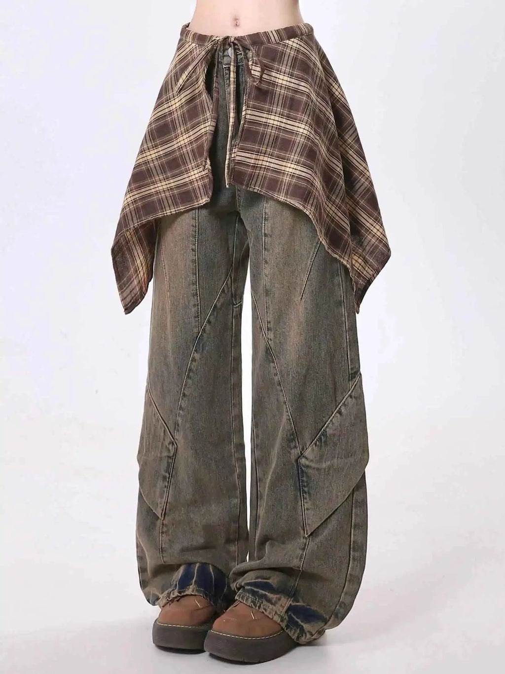 Women Blue Y2k Jeans with Skirt Harajuku Vintage Baggy Denim Trousers Japanese 2000s Style Oversize Jean Long Pants Clothes New
