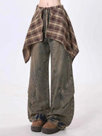 Women Blue Y2k Jeans with Skirt Harajuku Vintage Baggy Denim Trousers Japanese 2000s Style Oversize Jean Long Pants Clothes New