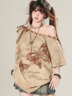 Off Shoulder T Shirt Women Streetwear Loose Harajuku - Vusy Kawaii Shop