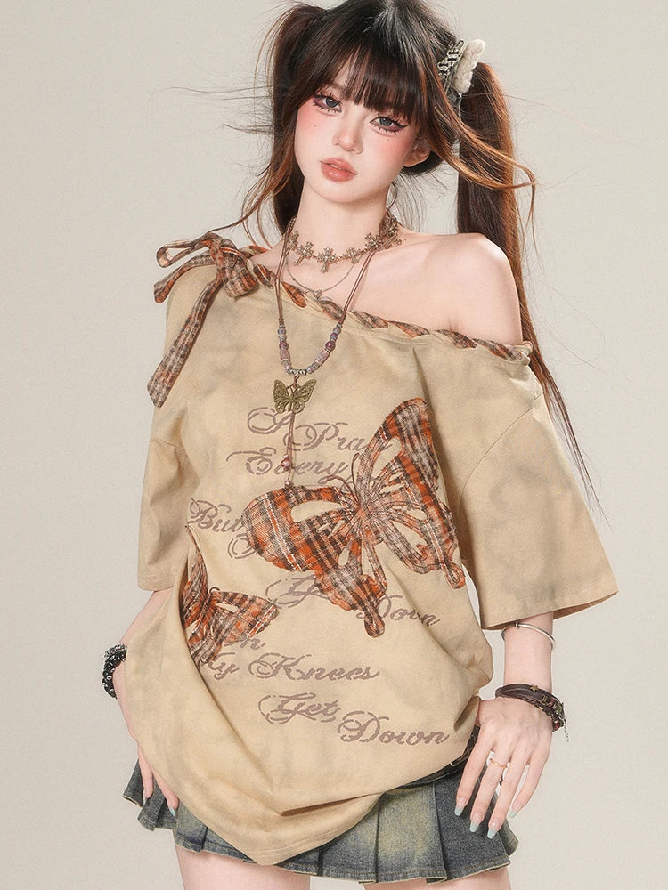 Off Shoulder T Shirt Women Streetwear Loose Harajuku - Vusy Kawaii Shop