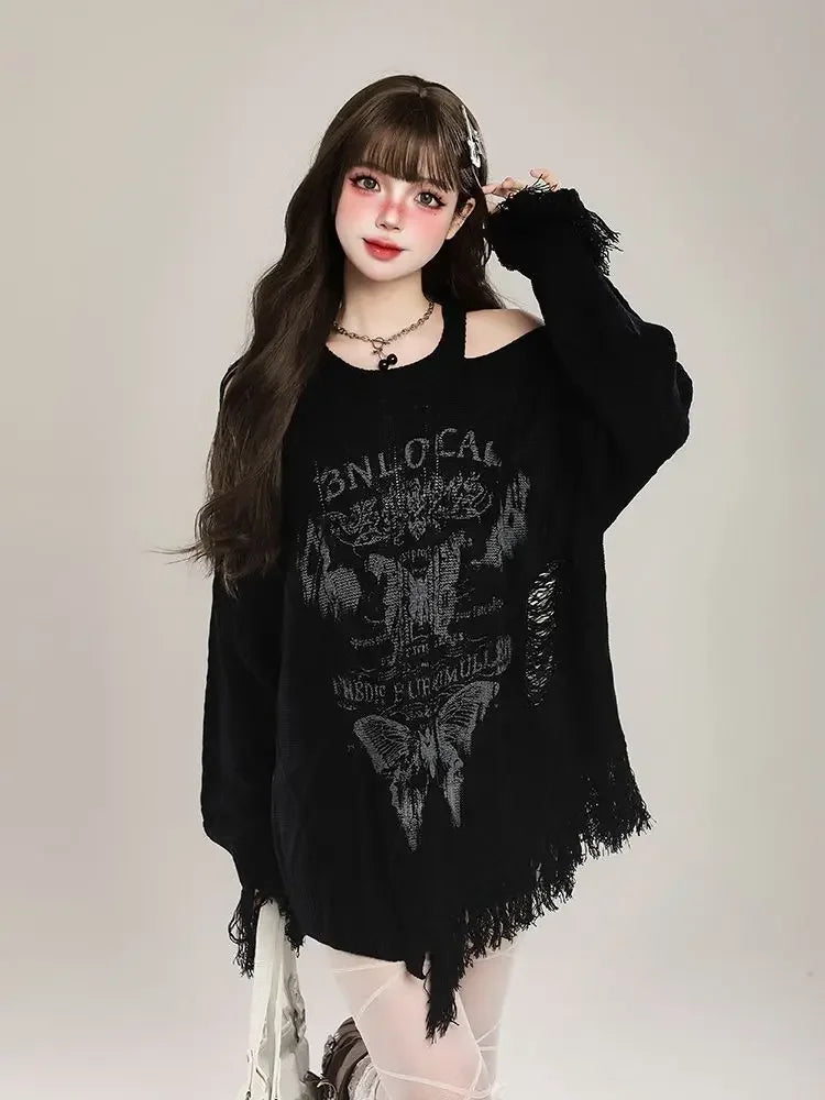 Irregular Butterfly Off Shoulder Sweater Women Clothing - Vusy Kawaii Shop