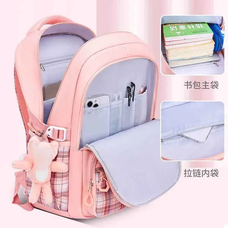 New Spine Protection Primary School Students Girls Checkered Backpack with Large Capacity Lightweight Waterproof Children's Bag