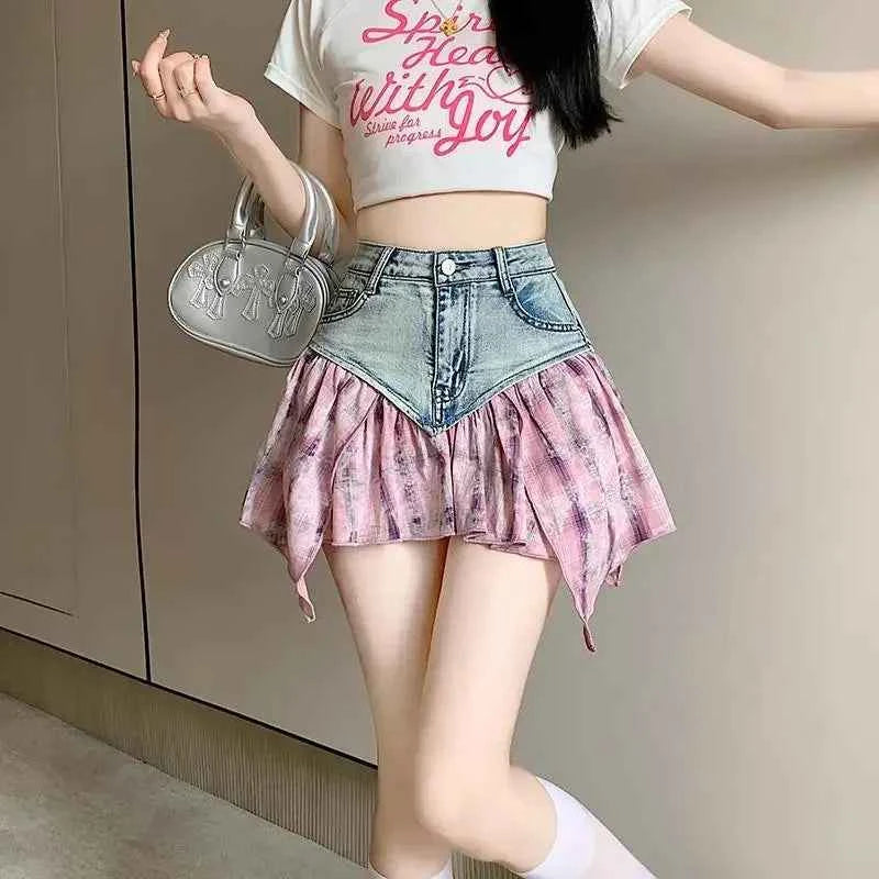 Kawaii Pink Plaid Spliced Denim Skirts Summer A-line